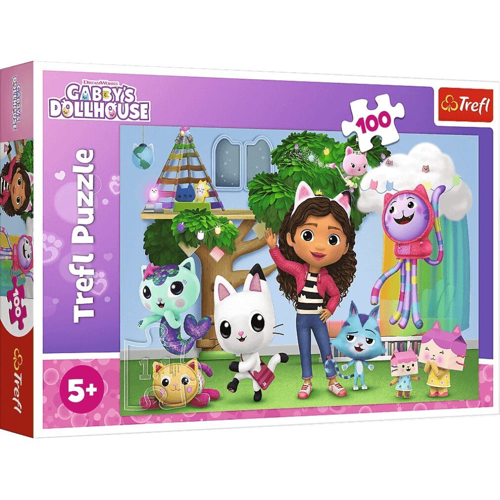 Scatola puzzle Gabby's Magic House. 100 pezzi, 5+. Marchio Trefl. Immagine con Gabby e personaggi di gatti.