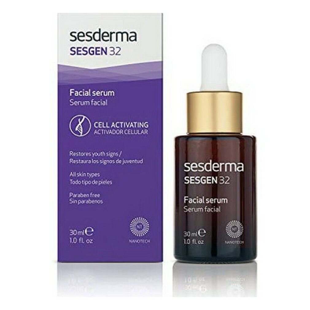 Flacone in vetro marrone con pipetta e scatola. Scritto: Sesgen 32, Siero viso. Attivazione cellulare.