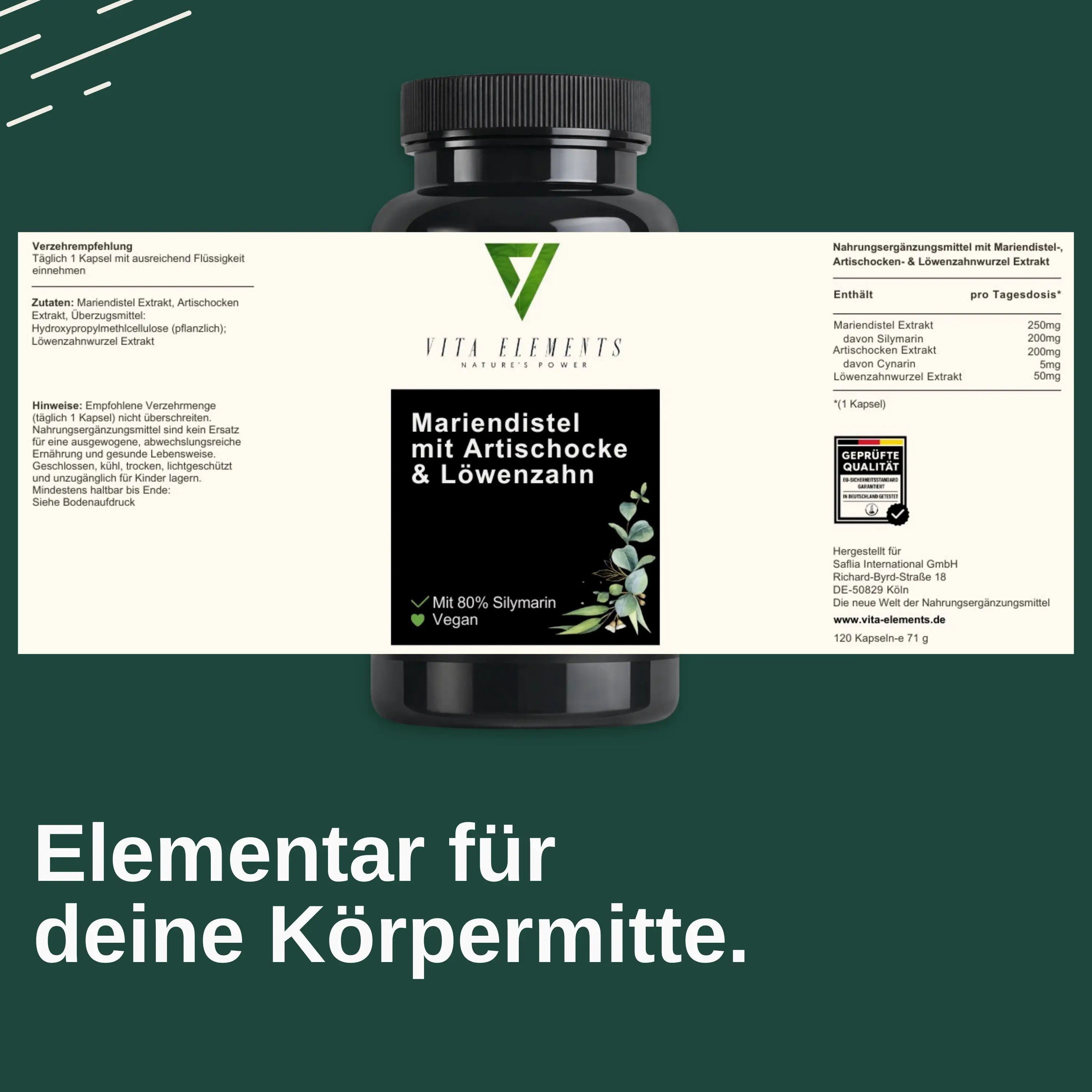Etichetta del barattolo Vita Elements Cardo Mariano con ingredienti e sigilli. "Elementare per il tuo centro."