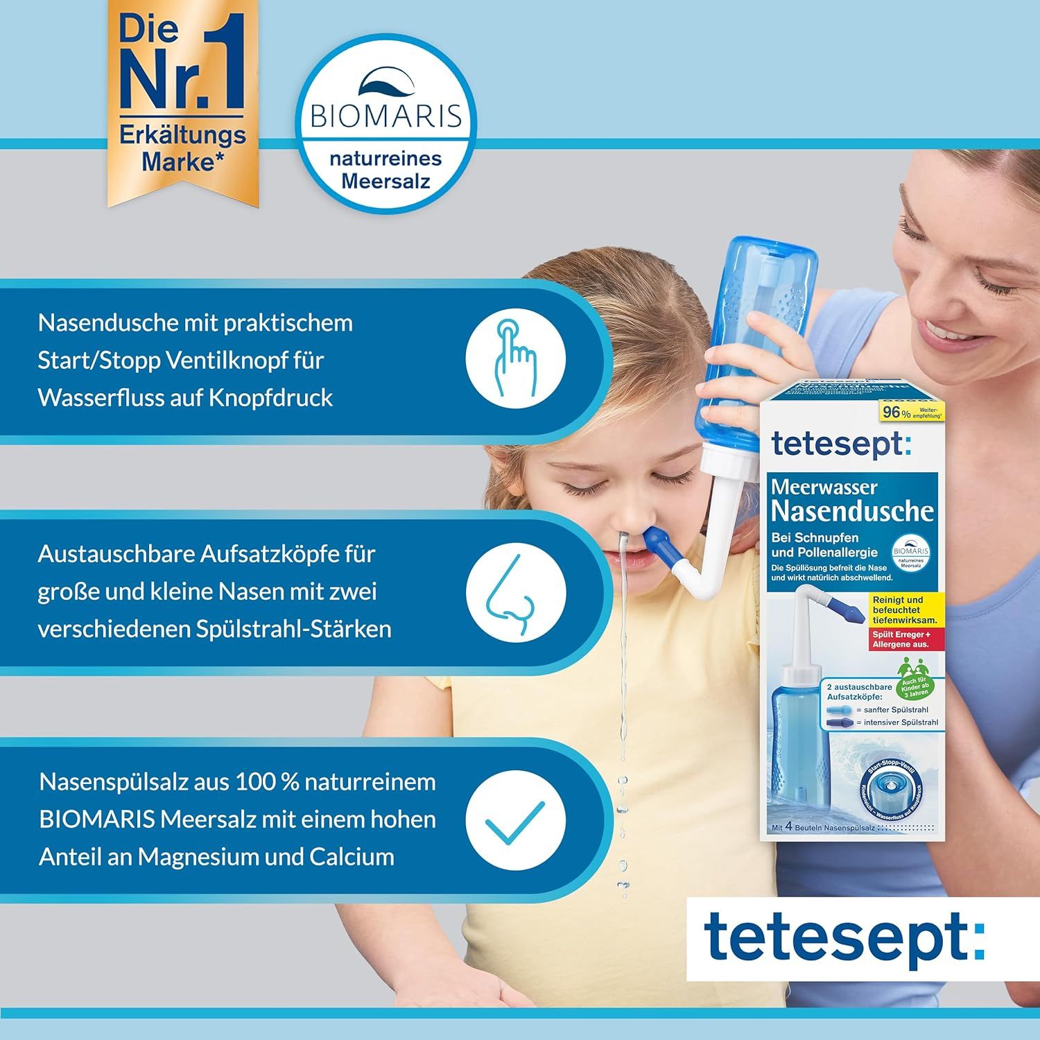Doccia nasale blu con confezione. Testo: tetesept Meerwasser Nasendusche. Bambino e donna.