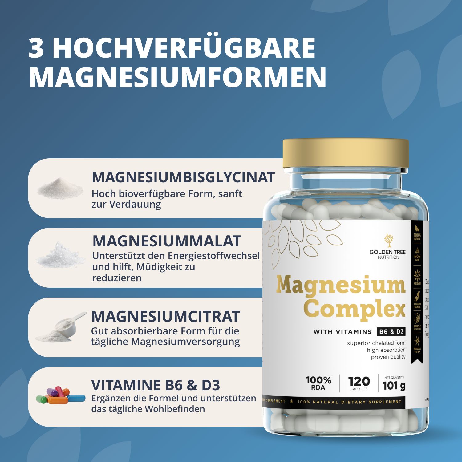 Flacone Golden Tree Magnesium Complex con 3 forme di magnesio e vitamine B6 & D3.