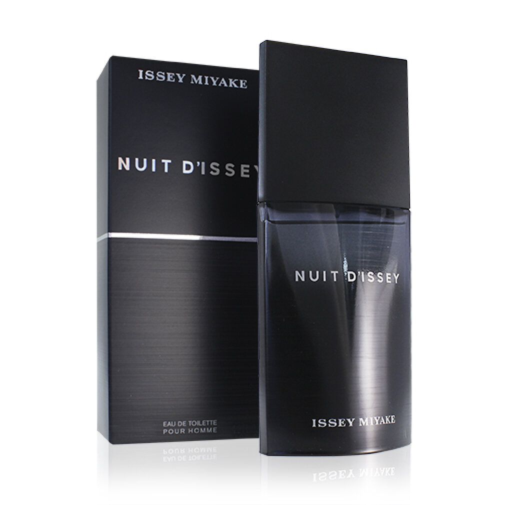 Flacone e confezione neri. Scritta: Nuit d'Issey, Eau de Toilette pour Homme. Marchio: Issey Miyake.