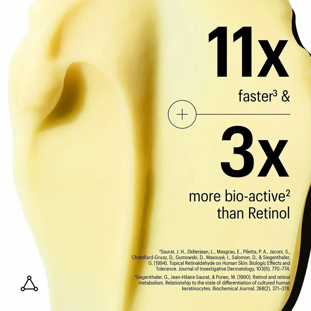 Crema gialla con testo: 11x più veloce e 3x più bioattivo del retinolo. Riferimenti in basso.