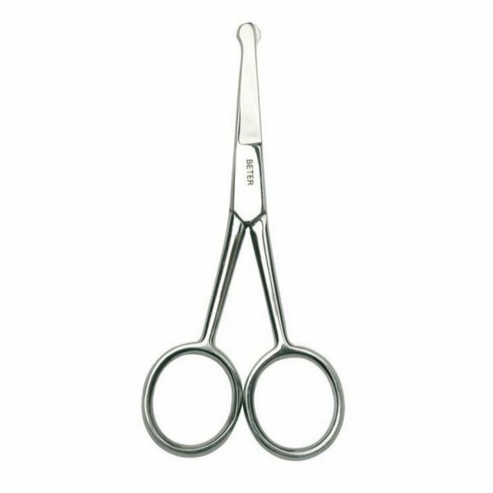 Forbici in acciaio inox a punta smussata. Marchio BETER. Metallo argentato. Anelli per le dita. Per la cura della salute.