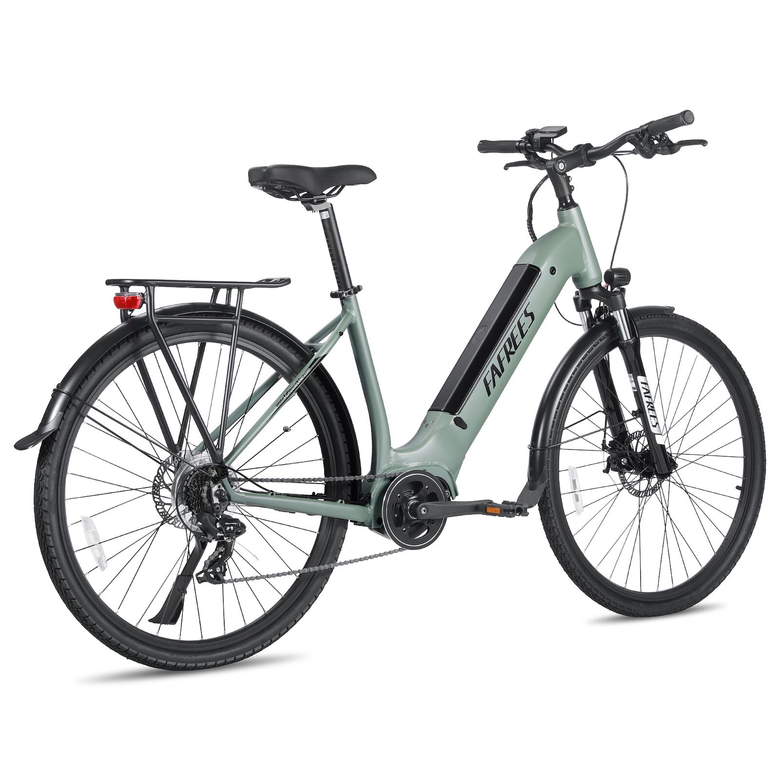 E-bike da trekking verde con portapacchi e fanale posteriore. Pneumatici e componenti neri. Marchio FAFREES.