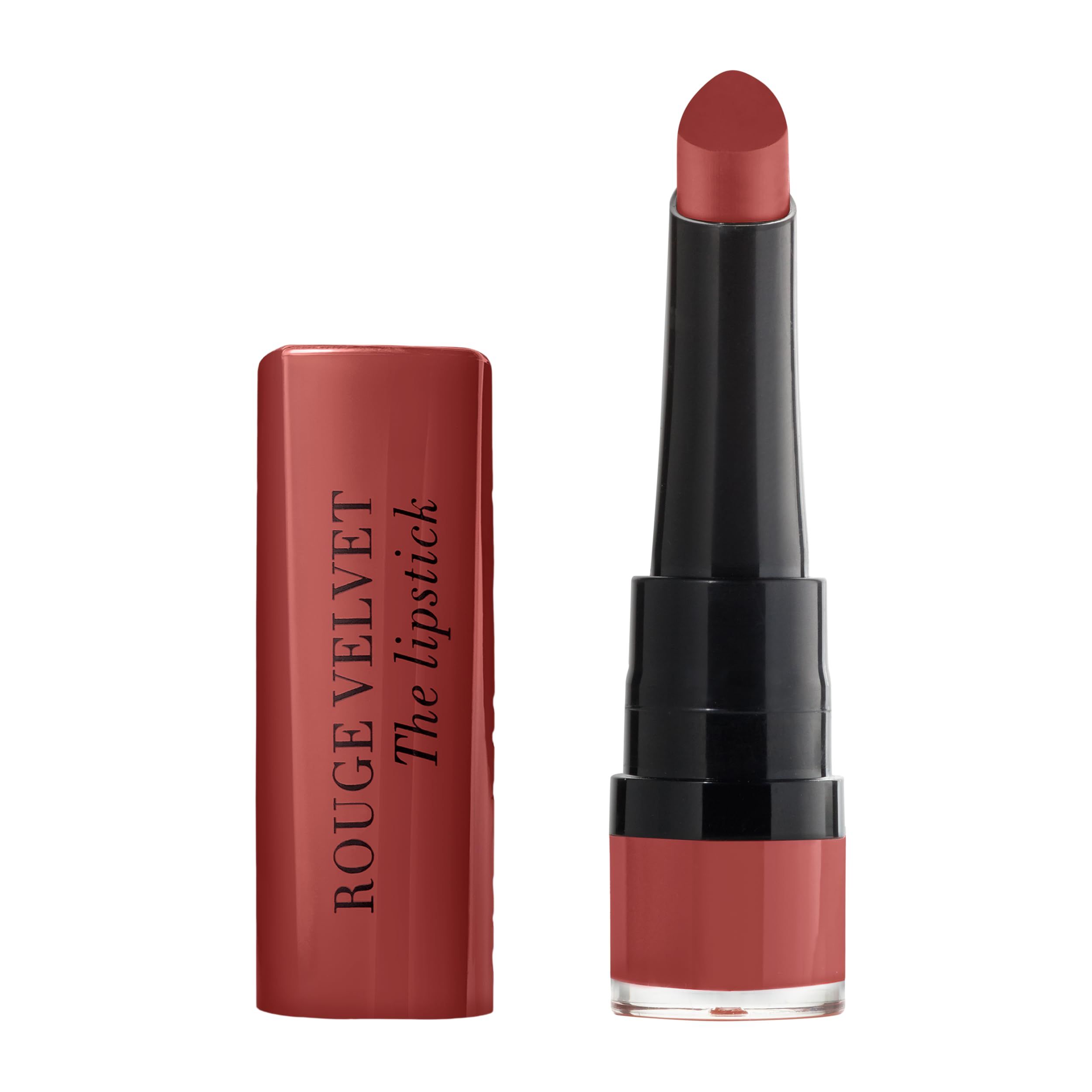 Rossetto aperto. Stick rosso con stelo nero. Tappo aperto accanto. Scritta: ROUGE VELVET The lipstick.