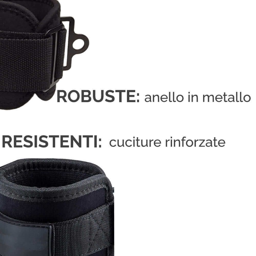 Primo piano di fascia per caviglia nera con anello in metallo. Testo: ROBUSTE: anello in metallo, RESISTENTI: cuciture rinforzate.