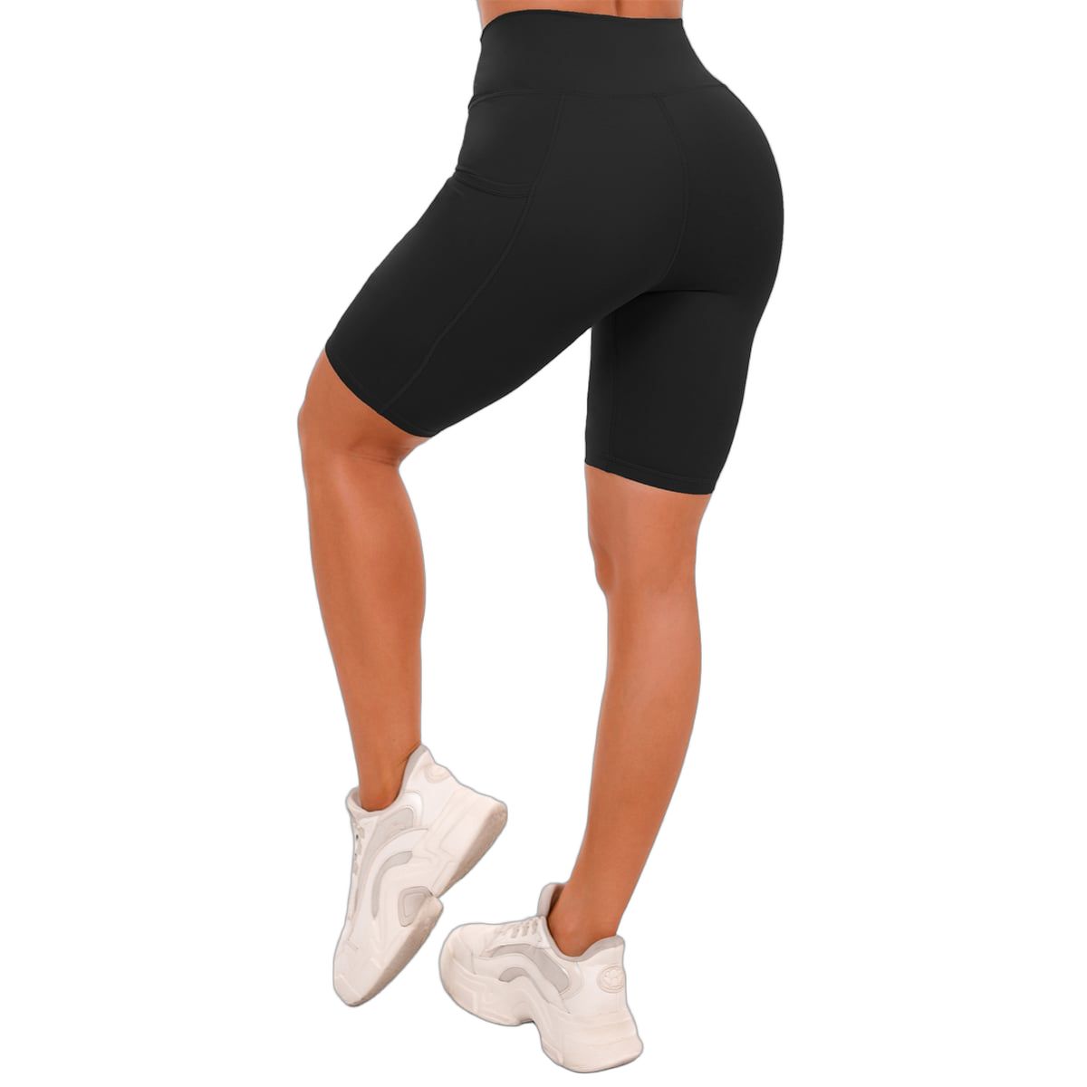 Vista posteriore di pantaloncini da ciclista neri da donna a vita alta con tasche.