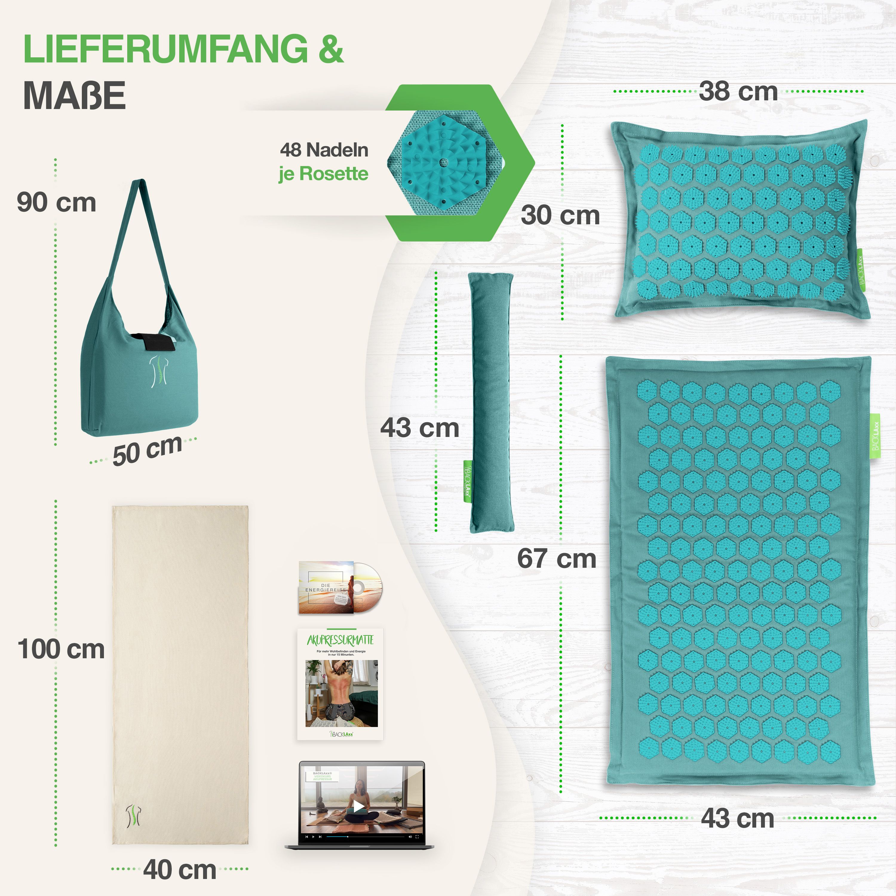 Set tappetini per digitopressione BACKLAxx. Borsa: 90x50cm. Tappetino: 100x40cm. Cuscino: 38x30cm. Tappetino: 67x43cm. Accessori: DVD, E-book.