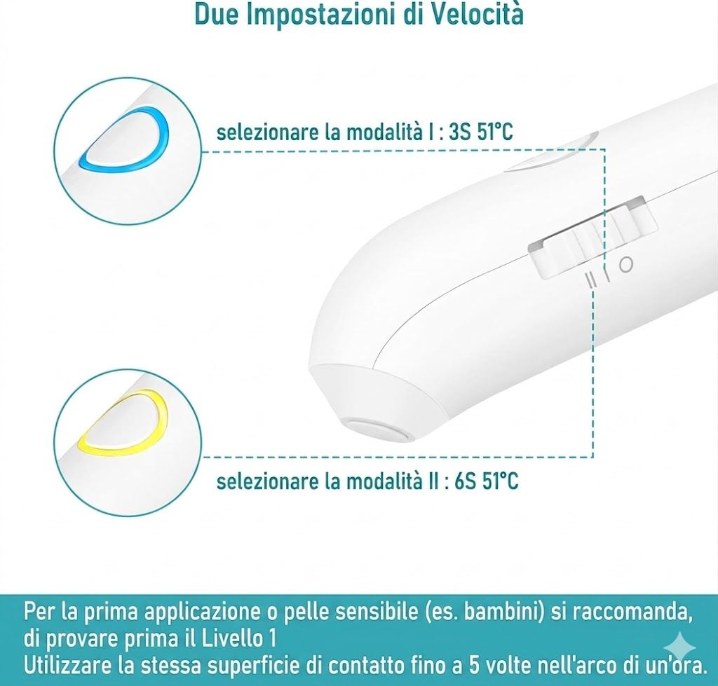 LeaderPro, dispositivo per punture d'insetti. Bianco, con due modalità. Modalità I: 3S, 51°C. Modalità II: 6S, 51°C. Pannello comandi.