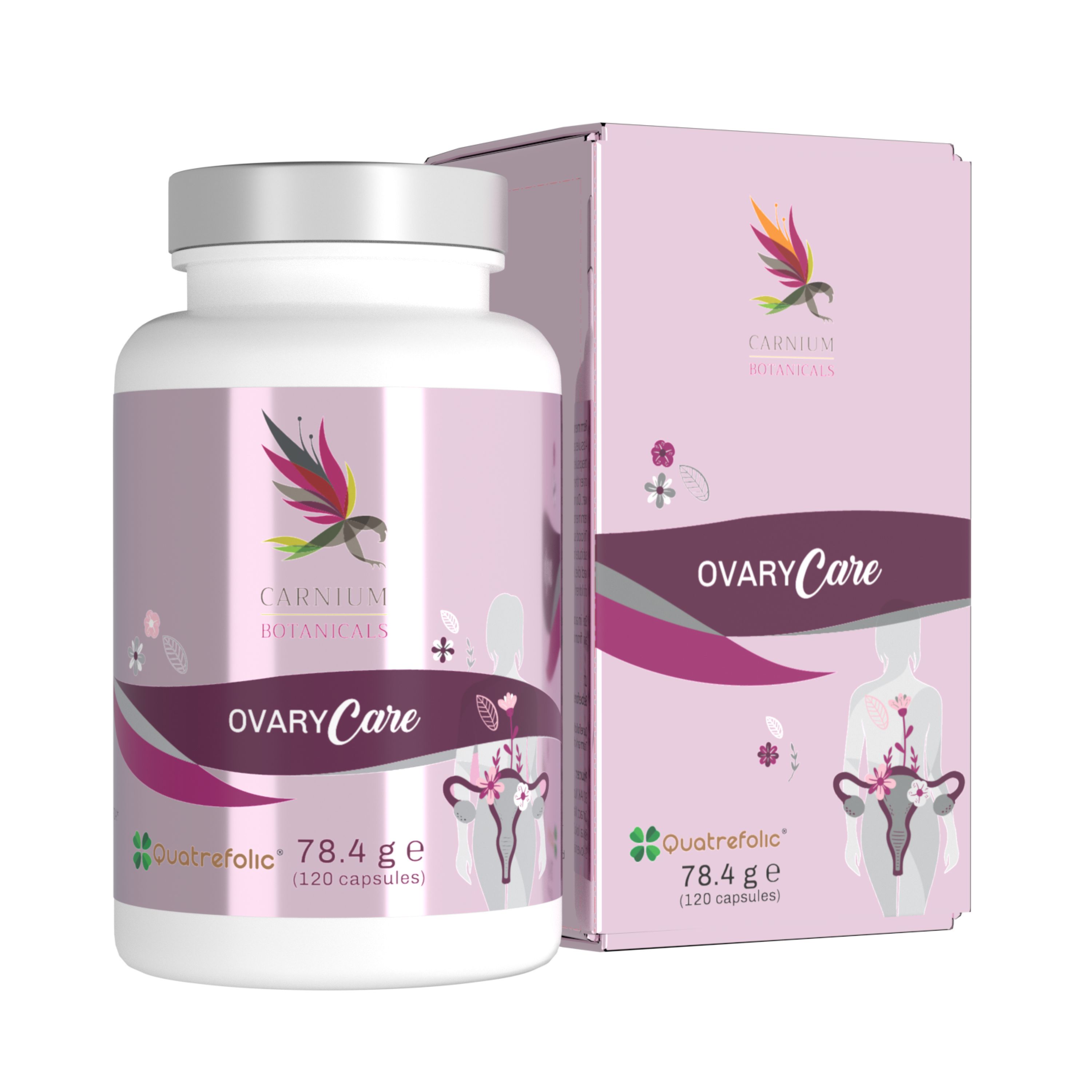 Flacone e scatola di capsule Ovary Care di Carnium Botanicals.