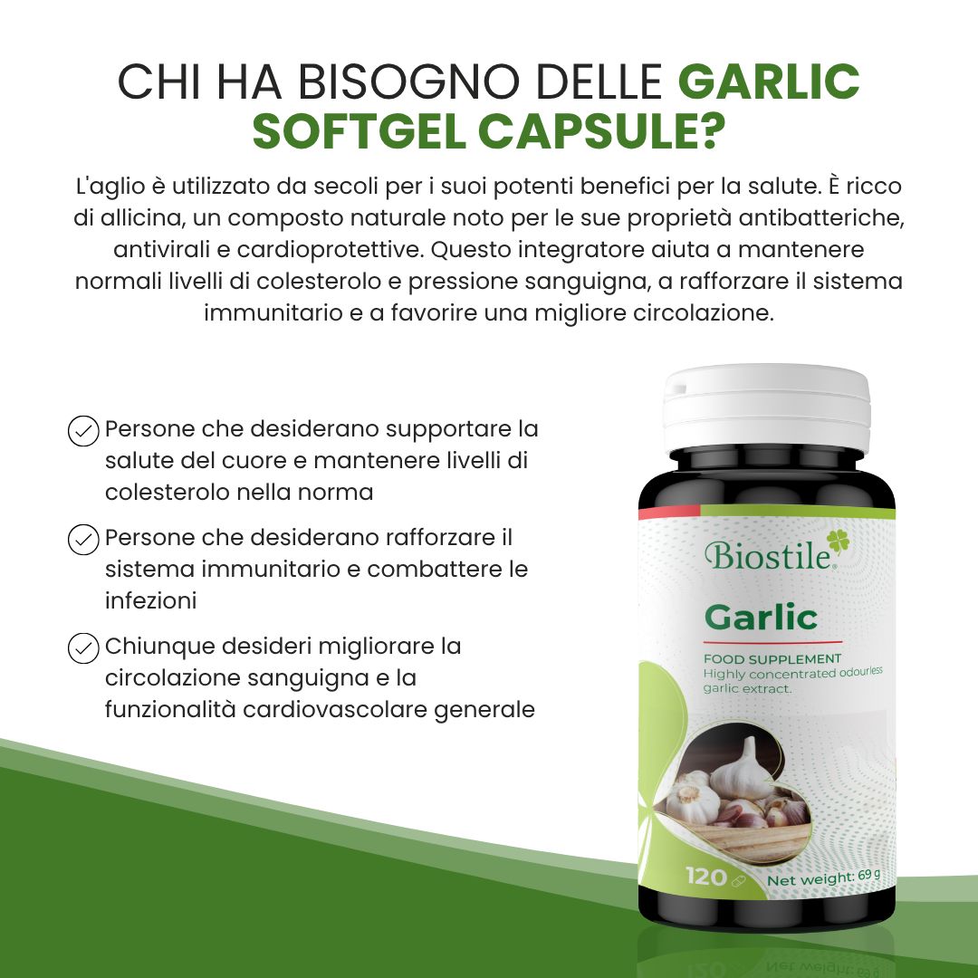 Testo e flacone Biostile Garlic. Testo: Chi ha bisogno delle capsule molli all'aglio? Elenco con 3 punti.