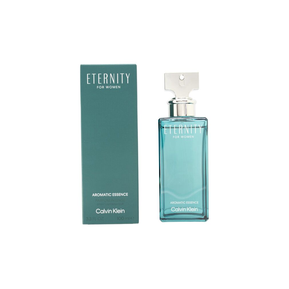 Flacone e scatola. Flacone rettangolare, blu-verde, tappo argentato. Scatola blu-verde, scritta Eternity, Calvin Klein.
