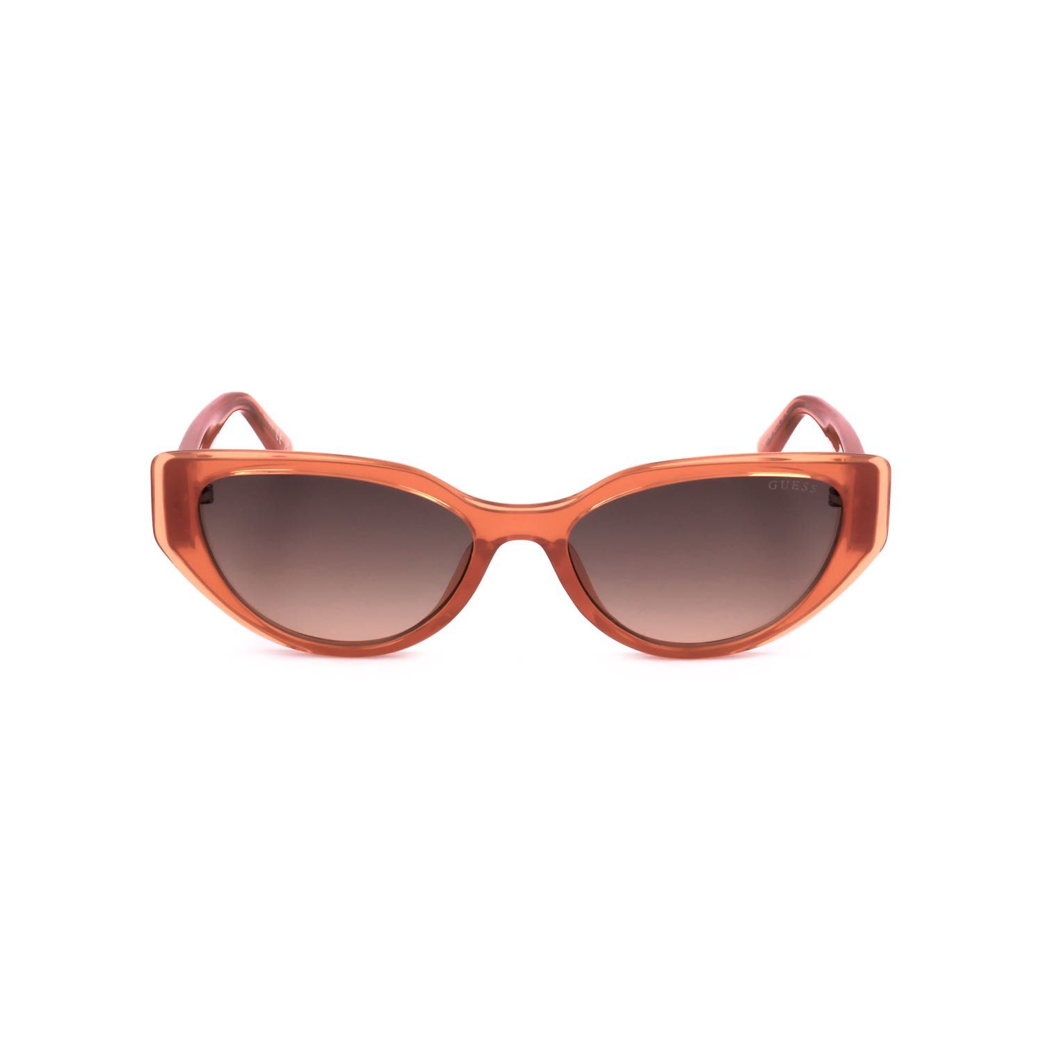 Occhiali da sole cat-eye arancioni con lenti marroni e montatura trasparente.
