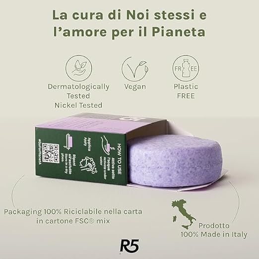 Balsamo viola in scatola verde. Scritte: Dermatologicamente testato, Vegano, Senza plastica, Made in Italy. Logo R5.