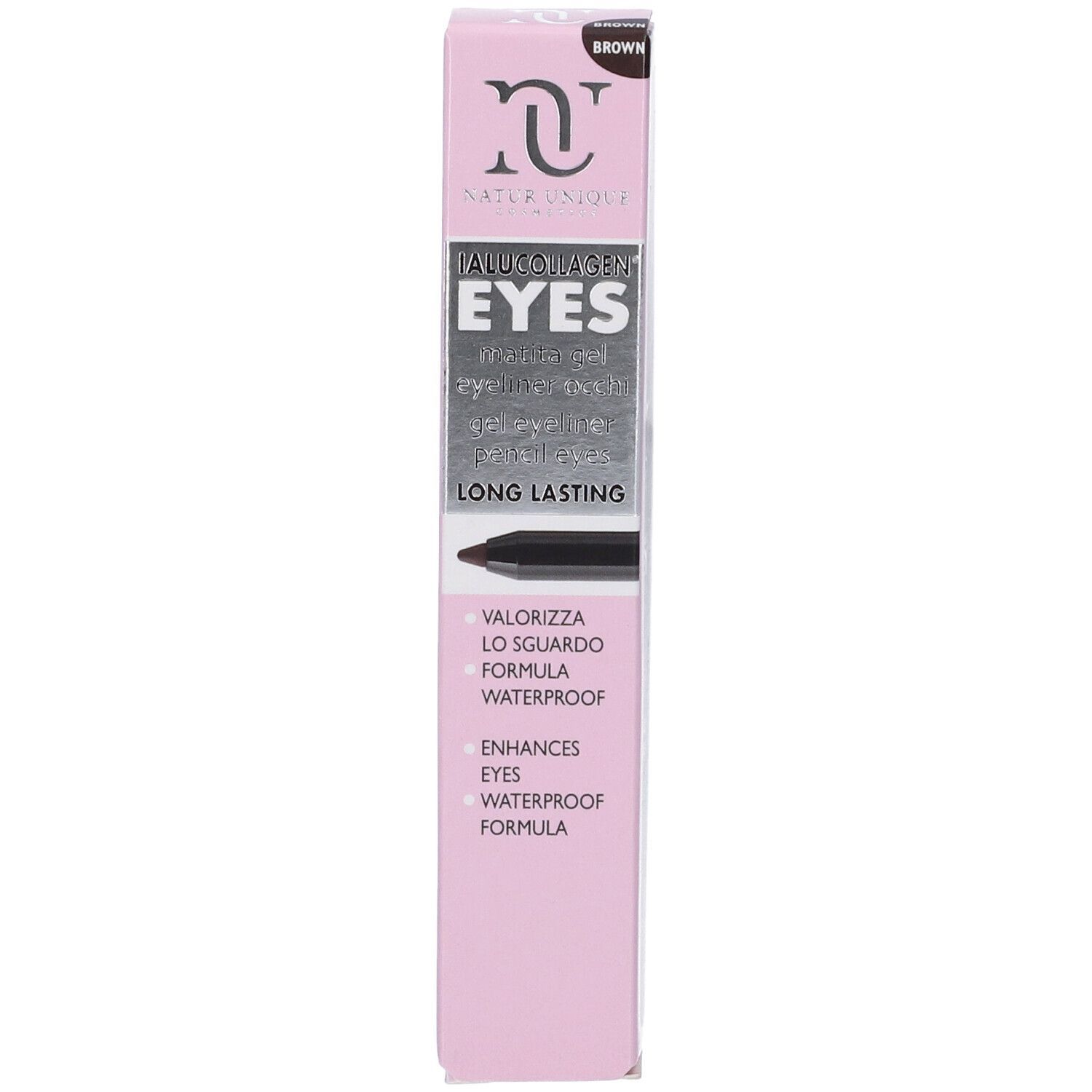 Confezione rosa con matita occhi marrone. Testo: IALUCOLLAGEN EYES, LONG LASTING, WATERPROOF. Marchio: Natur Unique.