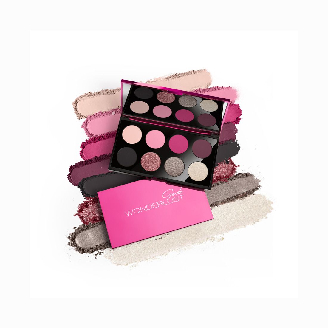 Palette ombretti Ga-De Wonderlust con otto tonalità, astuccio nero con coperchio rosa. Campioni di colore intorno.