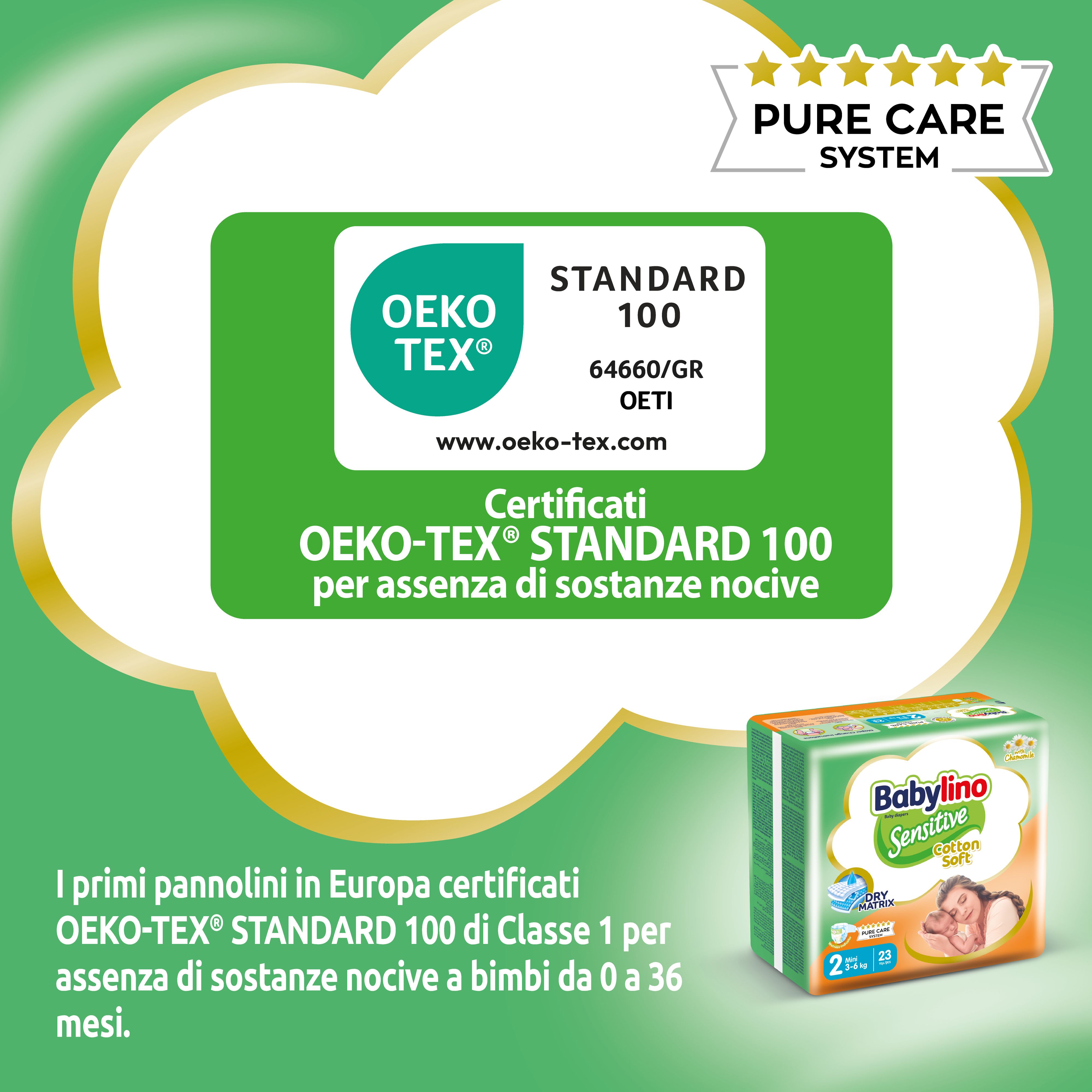 Confezione pannolini Babylino. Certificazione Oeko-Tex Standard 100. Piccola immagine della confezione.