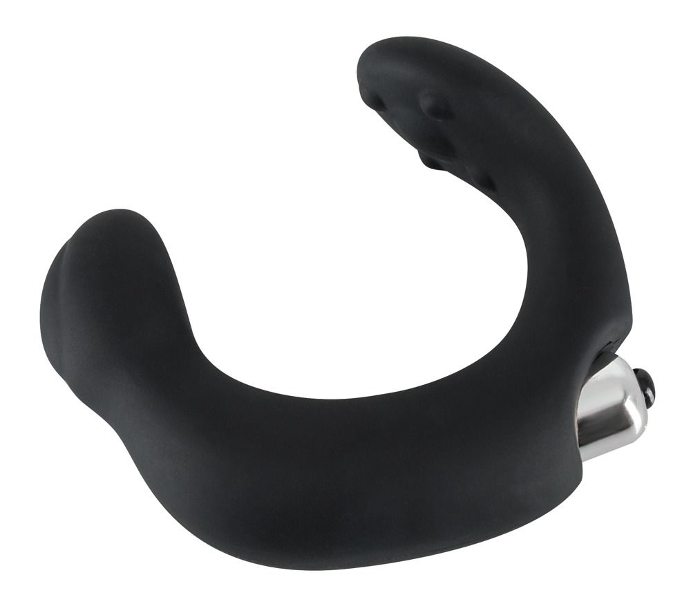 Stimolatore prostatico nero. Forma a U, estremità arrotondate, parte metallica.