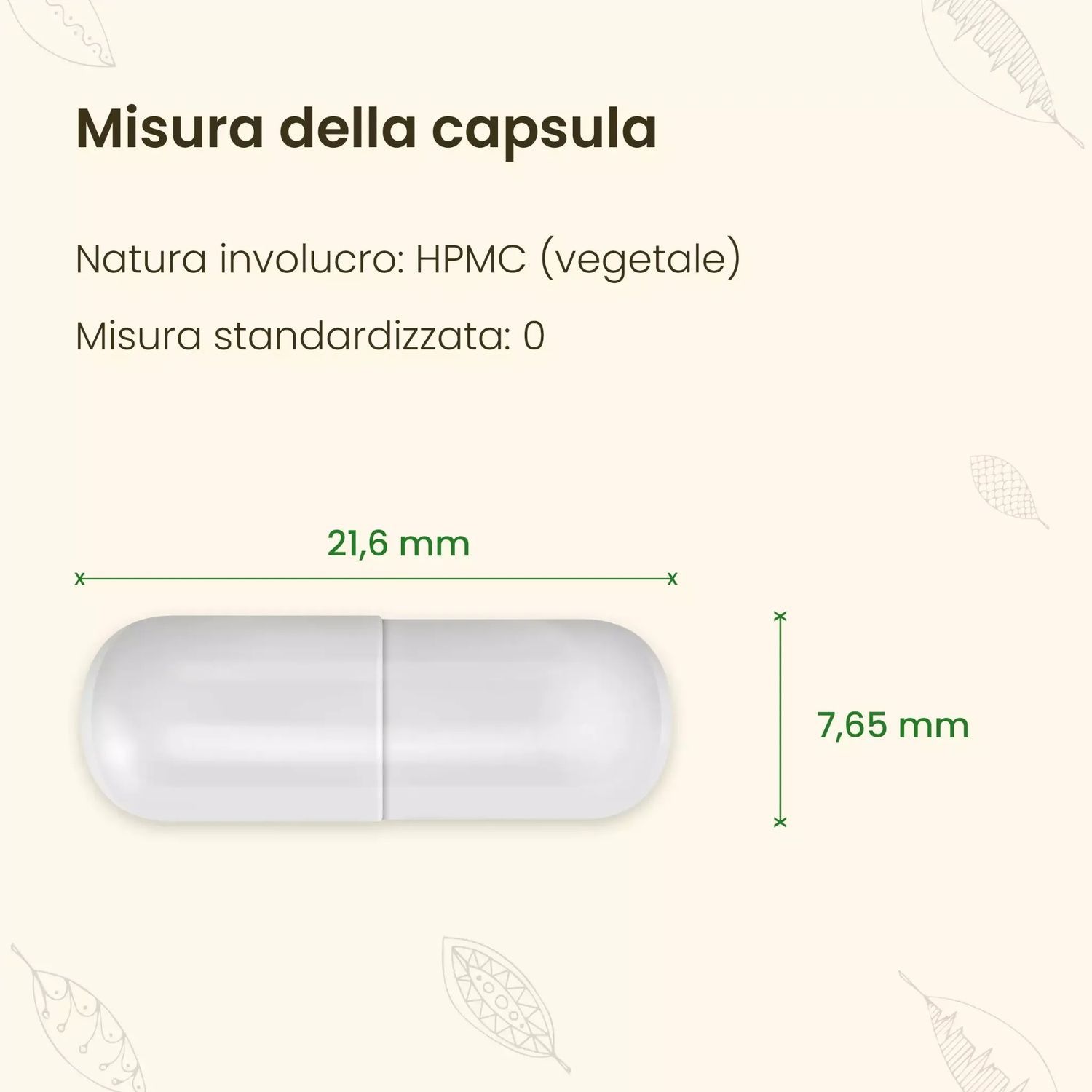 Misura di una capsula vegetale: lunghezza 21,6 mm, larghezza 7,65 mm.