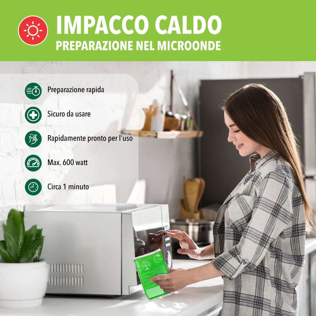 Donna mette la compressa nel microonde. Testo: Preparazione rapida, uso sicuro, 600W.