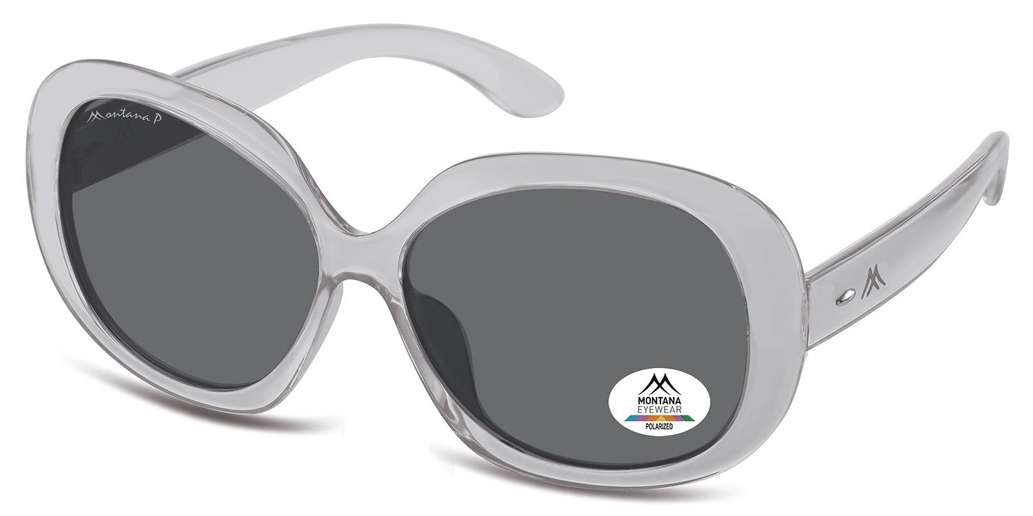 Occhiali da sole con lenti grigie e montatura chiara. Il logo Montana Eyewear è visibile su una lente.