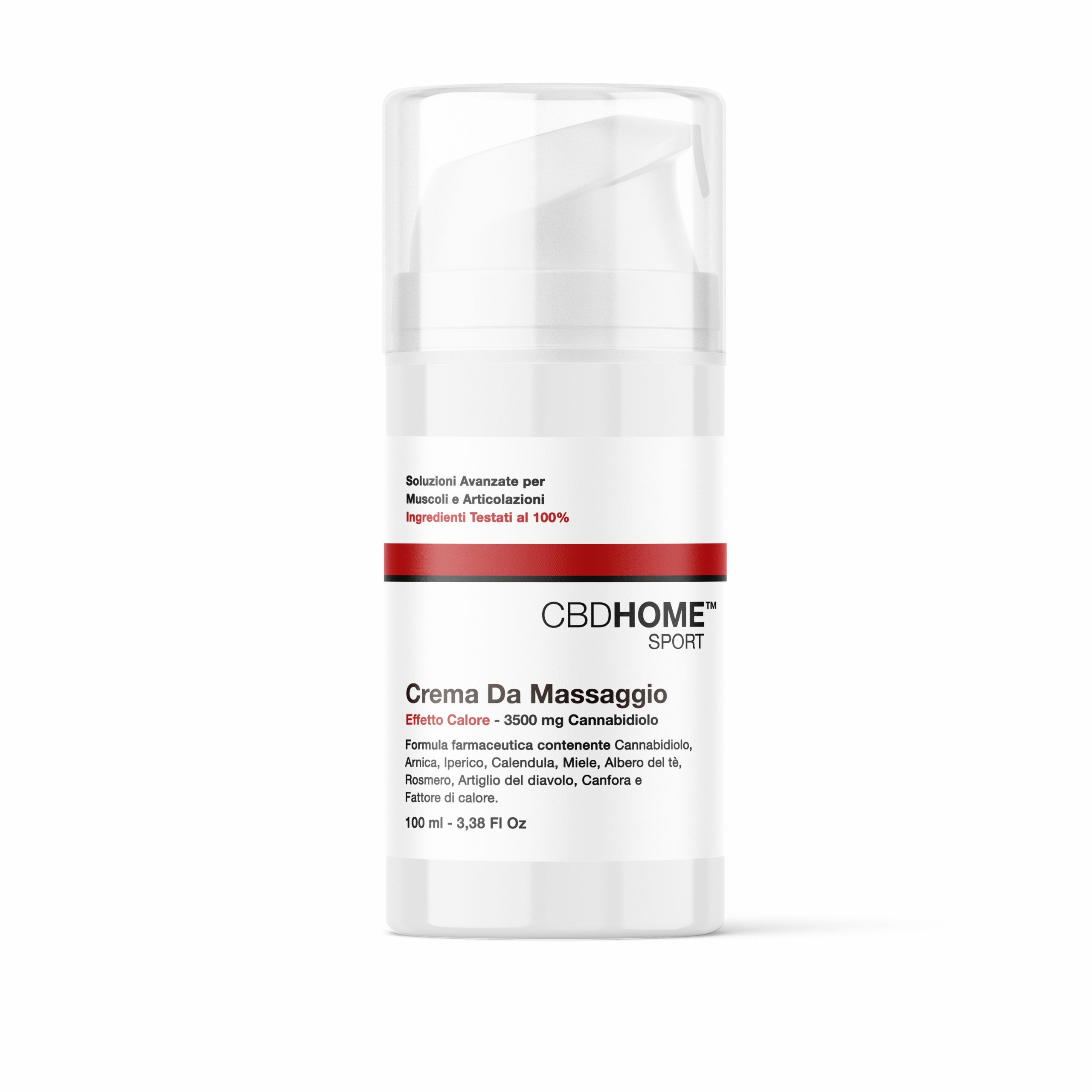 Flacone bianco con dispenser a pompa, etichettato 'CBDHOME SPORT Crema Da Massaggio Effetto Calore 3500 mg Cannabidiolo'.