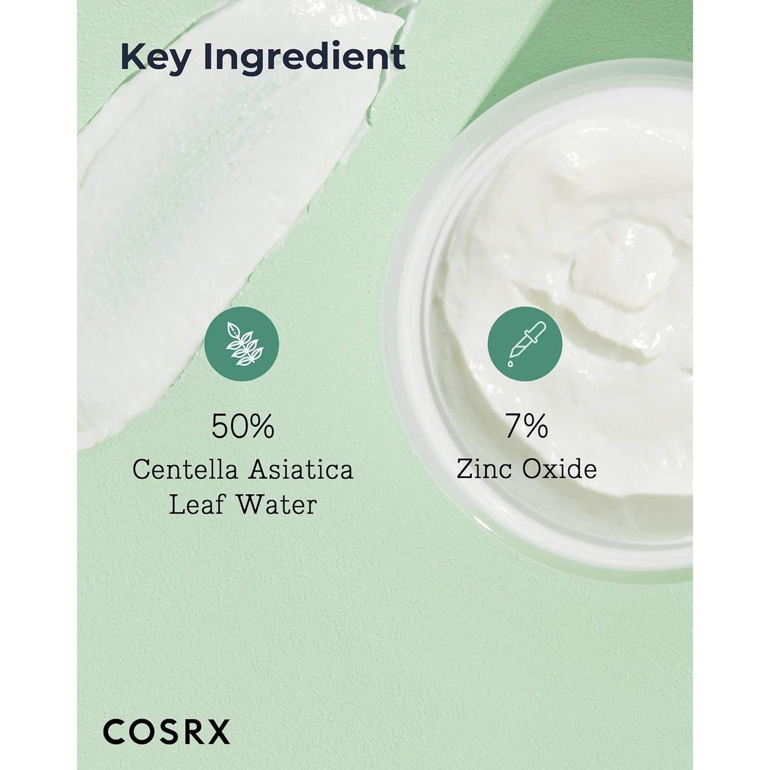 Primo piano di crema e ingredienti. Testo: 50% Centella Asiatica Leaf Water, 7% Zinc Oxide. Logo COSRX.