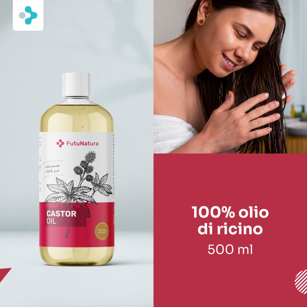 Donna con capelli bagnati. Flacone di olio di ricino FutuNatura. Testo: 100% olio di ricino, 500 ml.
