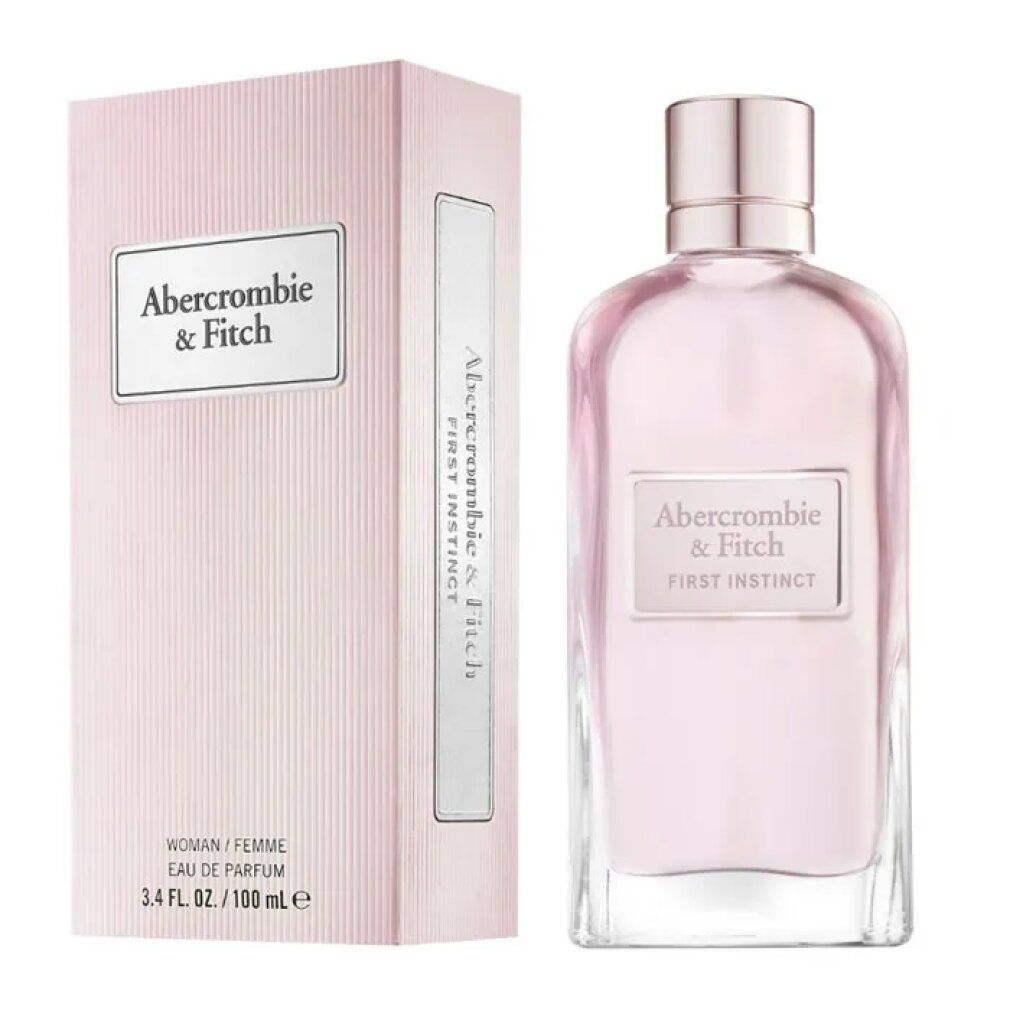 Confezione e flacone rosa. Scritta: Abercrombie & Fitch, First Instinct, Woman/Femme, Eau de Parfum.