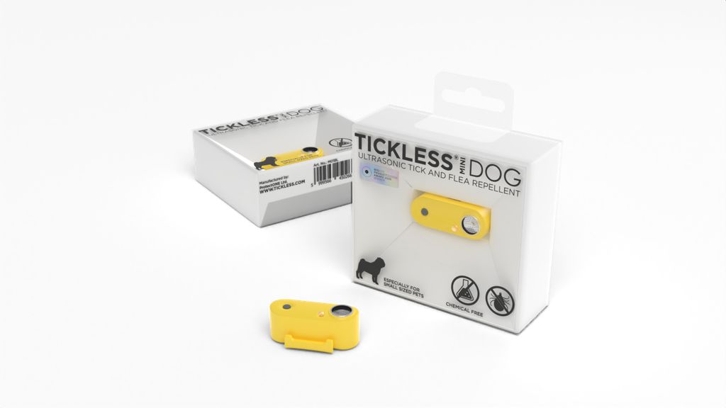 Tickless Mini Dog nella confezione e accanto. Dispositivo giallo. Repellente ultrasonico per zecche e pulci. Per piccoli animali.