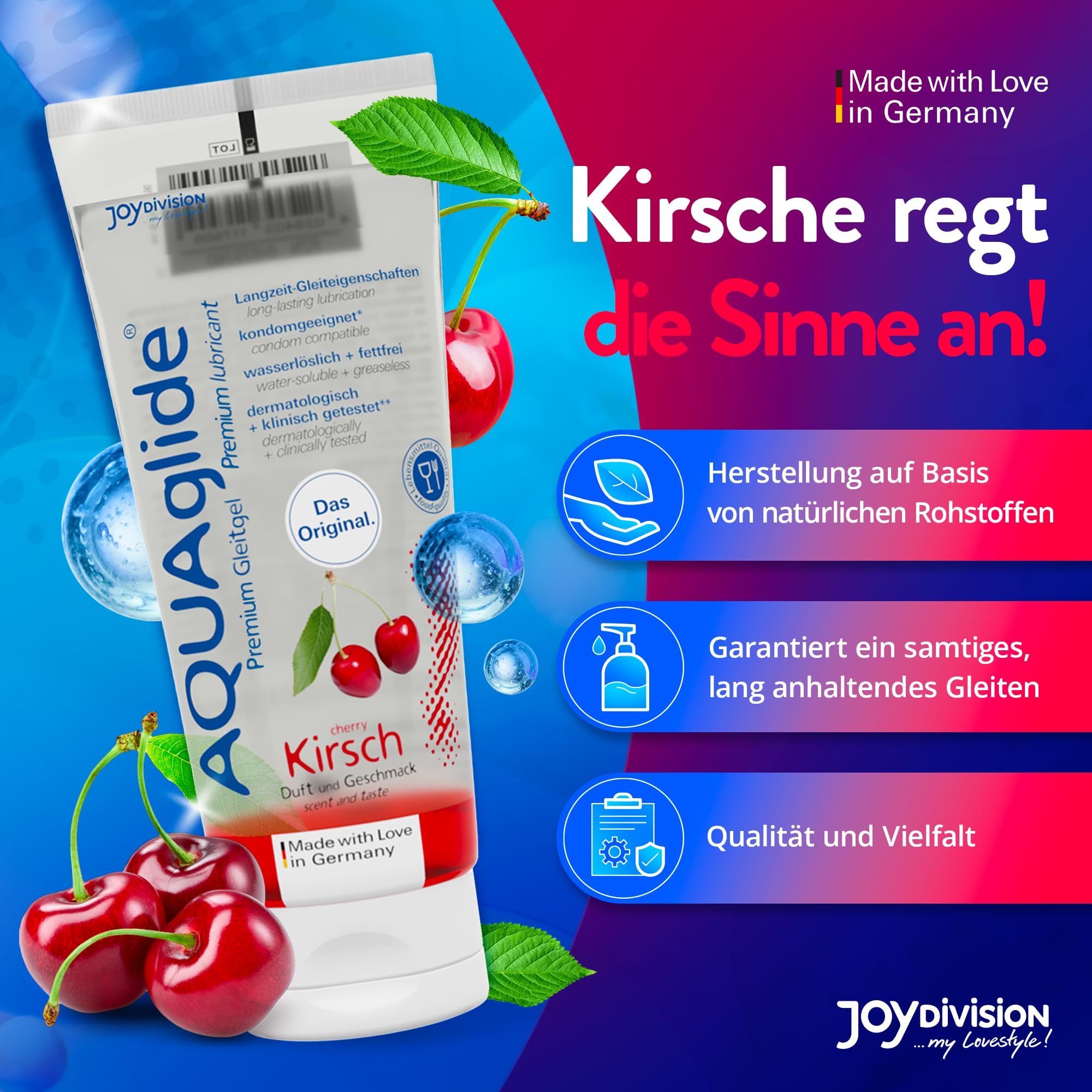 Tubo di gel lubrificante AQUAGLIDE Ciliegia con motivo di ciliegie. Scritta "Das Original".