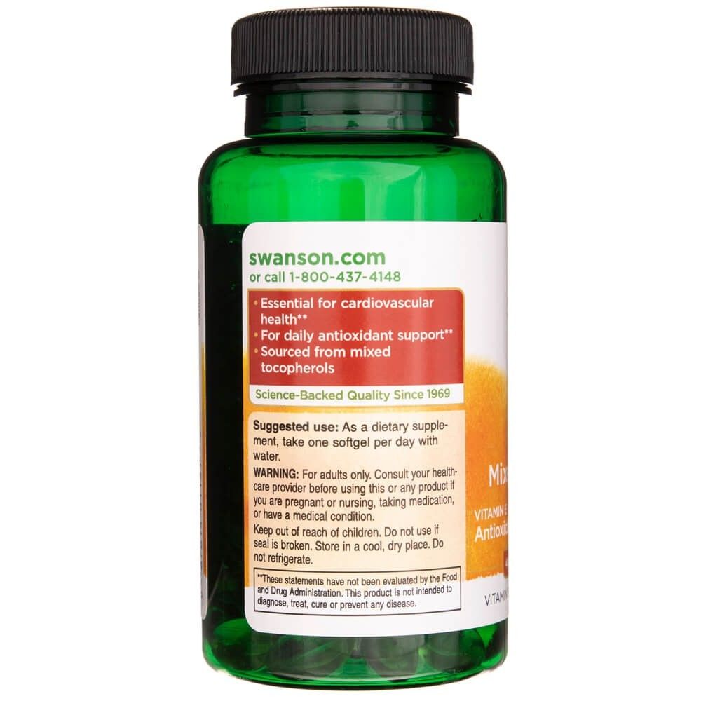 Retro di un flacone verde di SWANSON Vitamina E Tocoferoli Misti, istruzioni per l'uso.