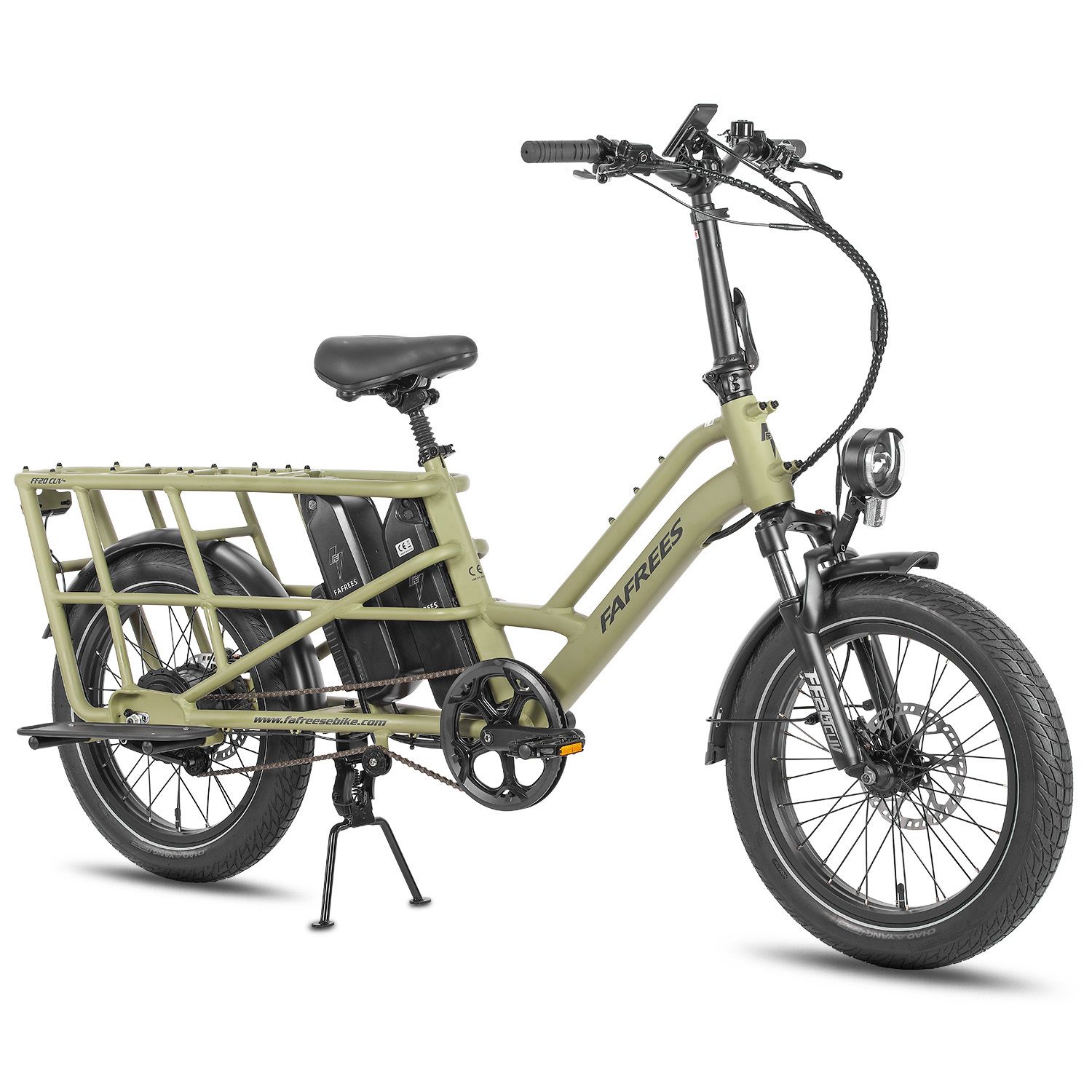 E-bike Fafrees FF20 CUV verde. Portapacchi, due batterie, fanale anteriore, pneumatici e sella neri.
