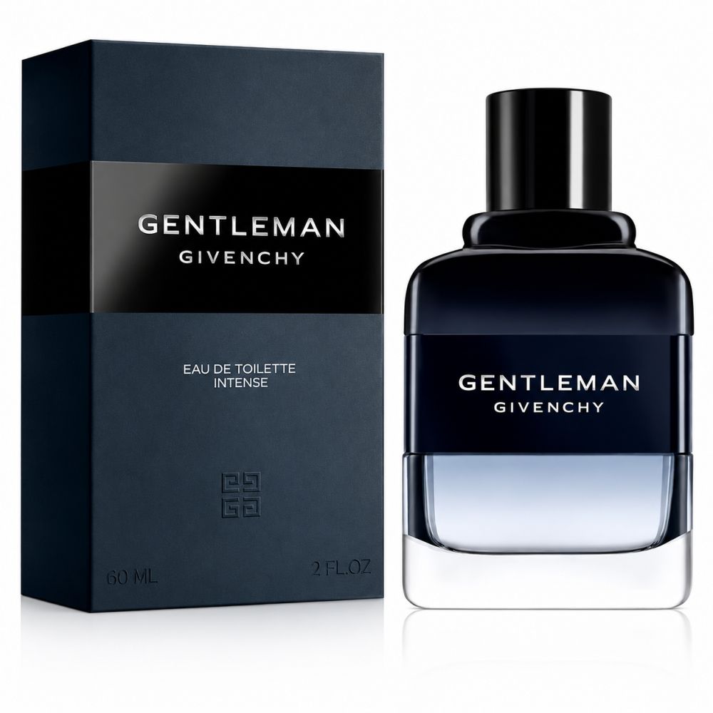 Set Givenchy Gentleman Eau de Toilette Intense: flacone e scatola blu scuro con fascia argentata.