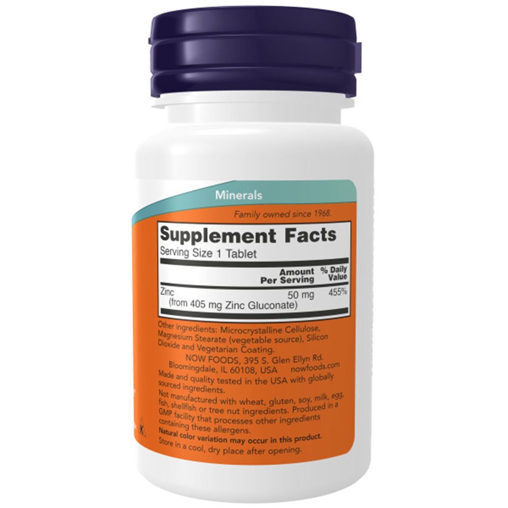 Retro del flacone. "Supplement Facts" con informazioni nutrizionali. Contiene zinco. Produttore: NOW FOODS. Vegano.