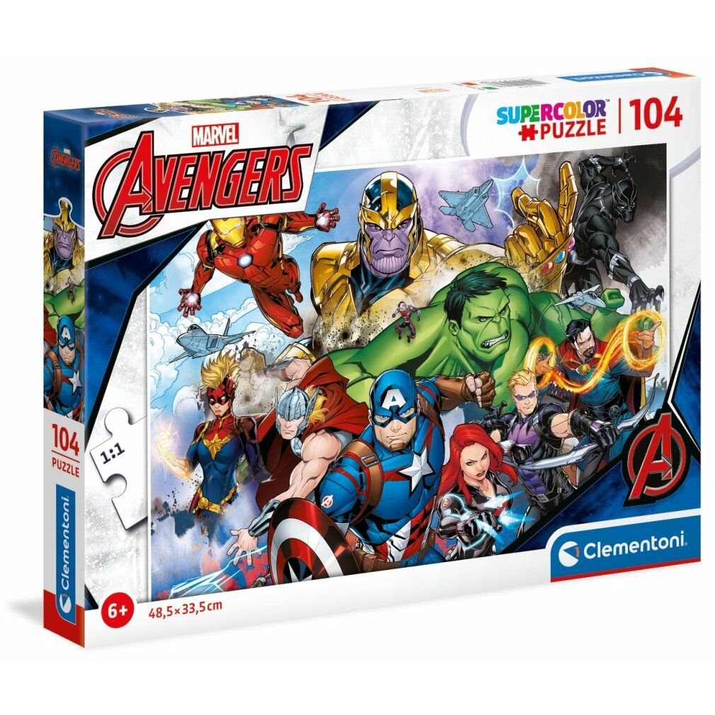 Scatola puzzle Marvel Avengers. Contiene 104 pezzi. Stampa personaggi Avengers. Marca: Clementoni. Dimensioni: 48,5 x 33,5 cm.