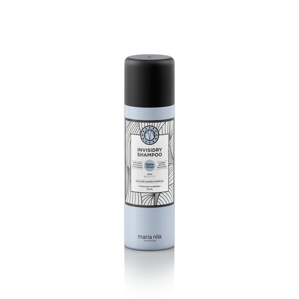 Flacone cilindrico con tappo nero. Scritta: Invisidry Shampoo. Marchio: Maria Nila. Etichetta bianca con informazioni sul prodotto.