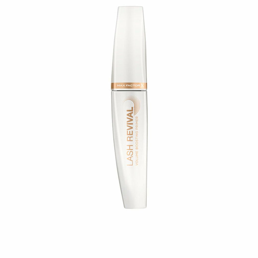 Contenitore di mascara bianco con dettagli dorati. Scritta: LASH REVIVAL VOLUME BOOSTING PRIMER. Marchio: Max Factor.