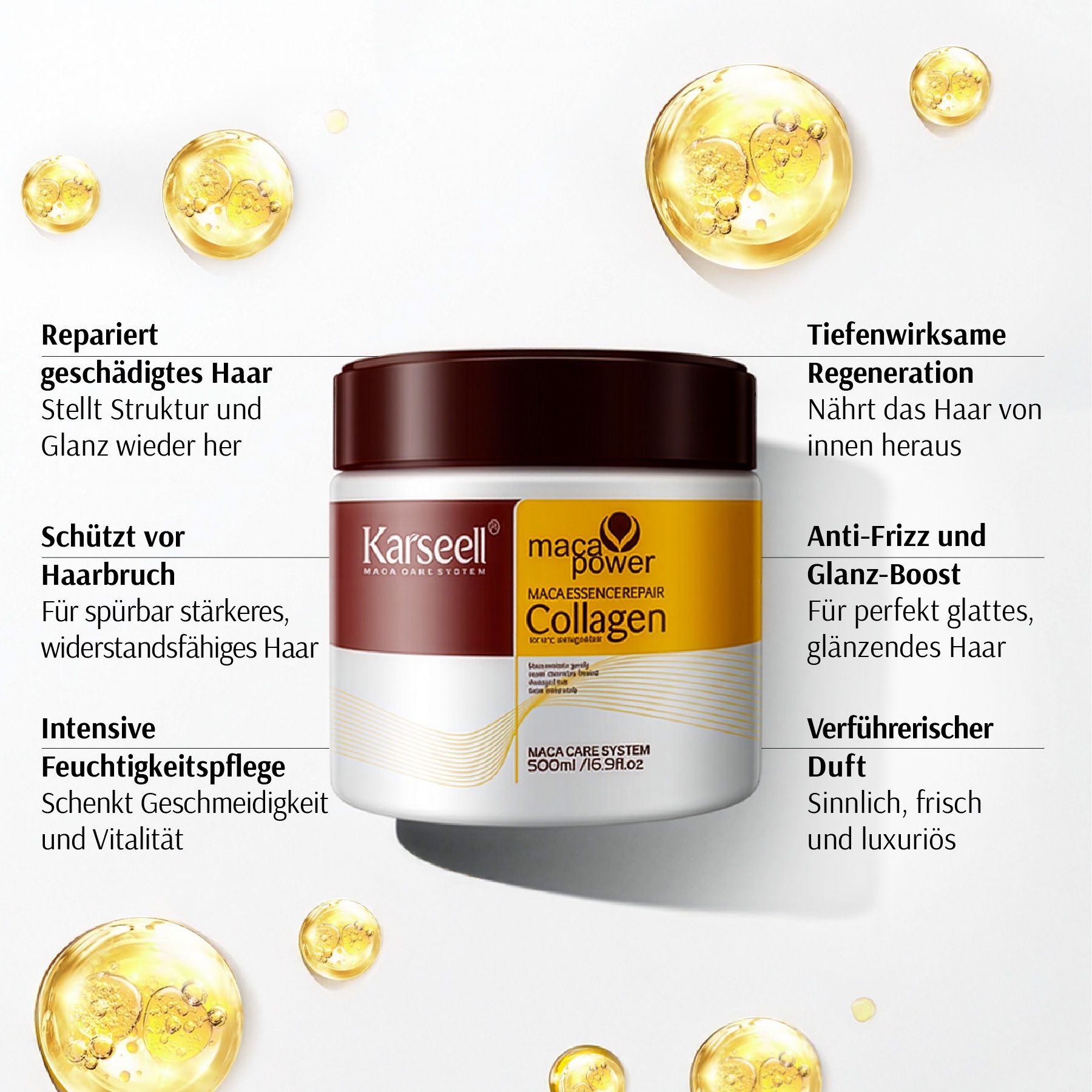 Vasetto bianco con coperchio marrone. Scritta: Karseell, Maca Power Collagen. Testo: Ripara, protegge, rigenera, idrata.