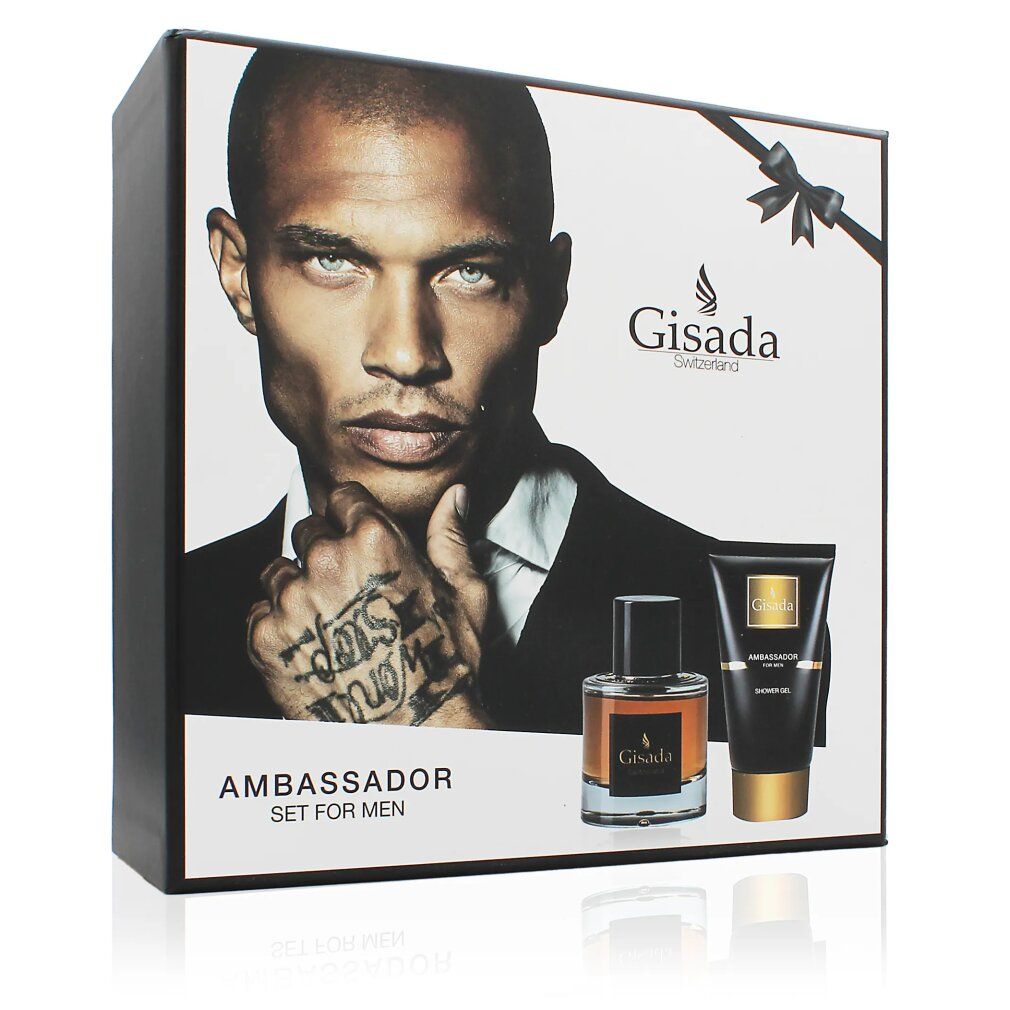 Set regalo da uomo. Include flacone di profumo, gel doccia e confezione regalo con ritratto maschile. Dettagli neri e oro.