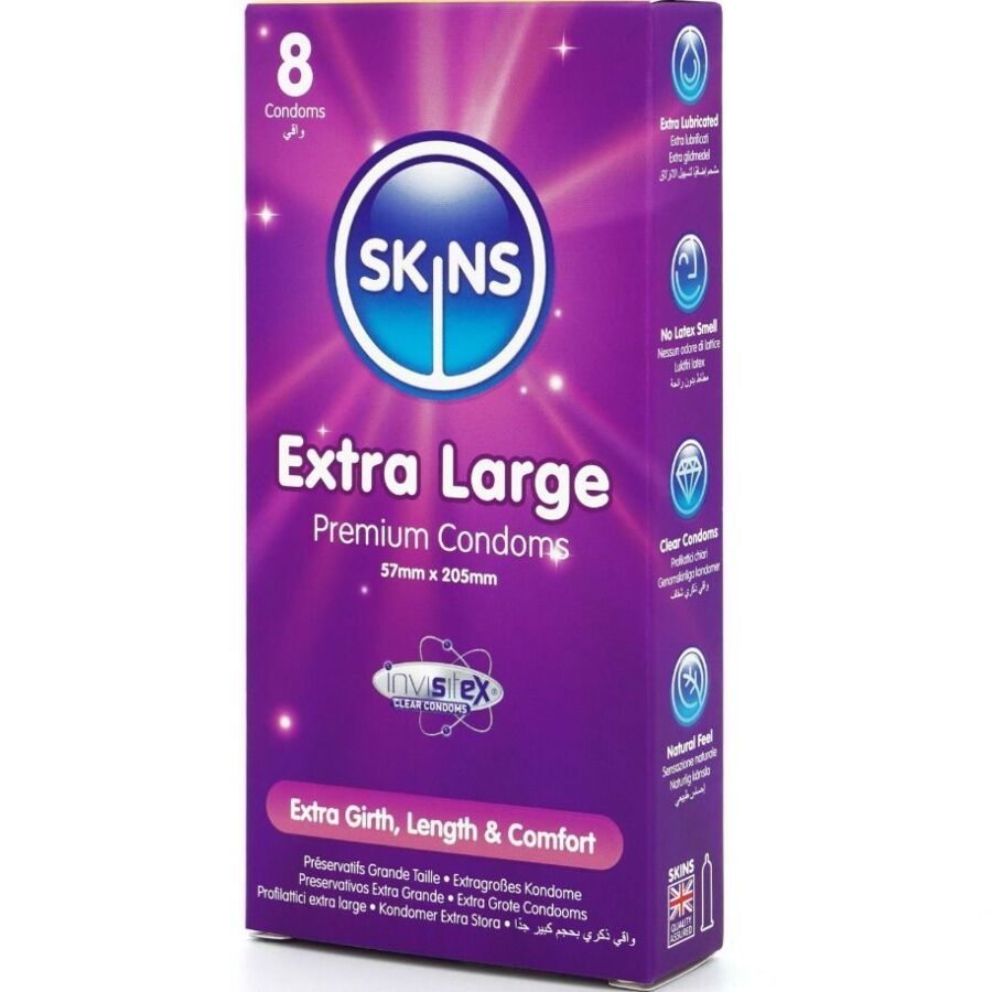 Confezione di 8 preservativi SKINS Extra Large. Dimensioni: 57mm x 205mm. Scritta: Extra Girth, Length & Comfort.