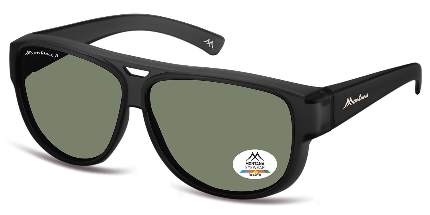 Occhiali da sole neri, vista laterale. Lenti verdi, logo Montana Eyewear su aste e lente. Adesivo Polarized.