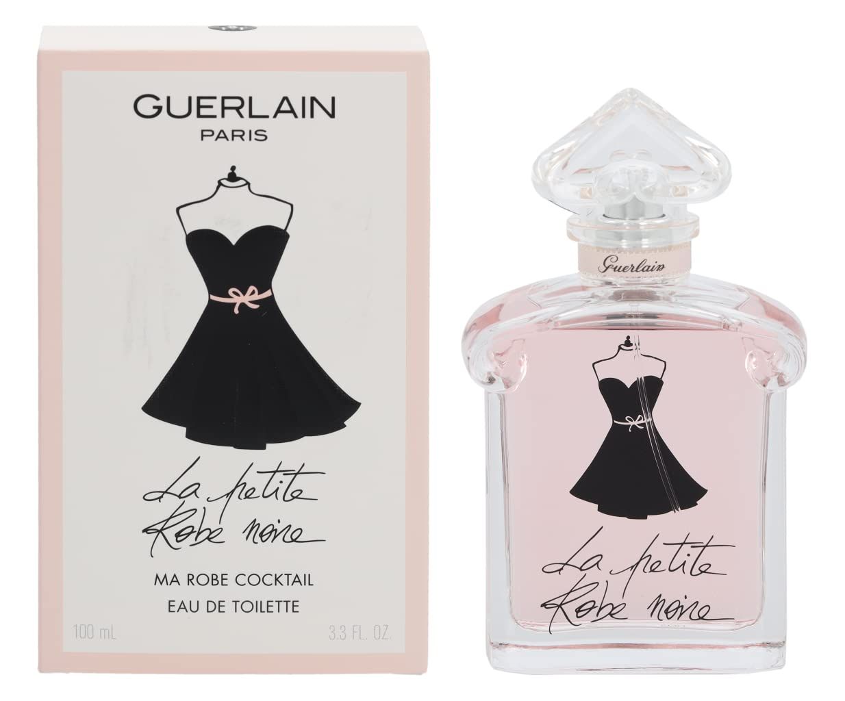 Flacone e confezione. Flacone con liquido rosa, design abito nero. Confezione con logo e nome del prodotto. Guerlain Paris.