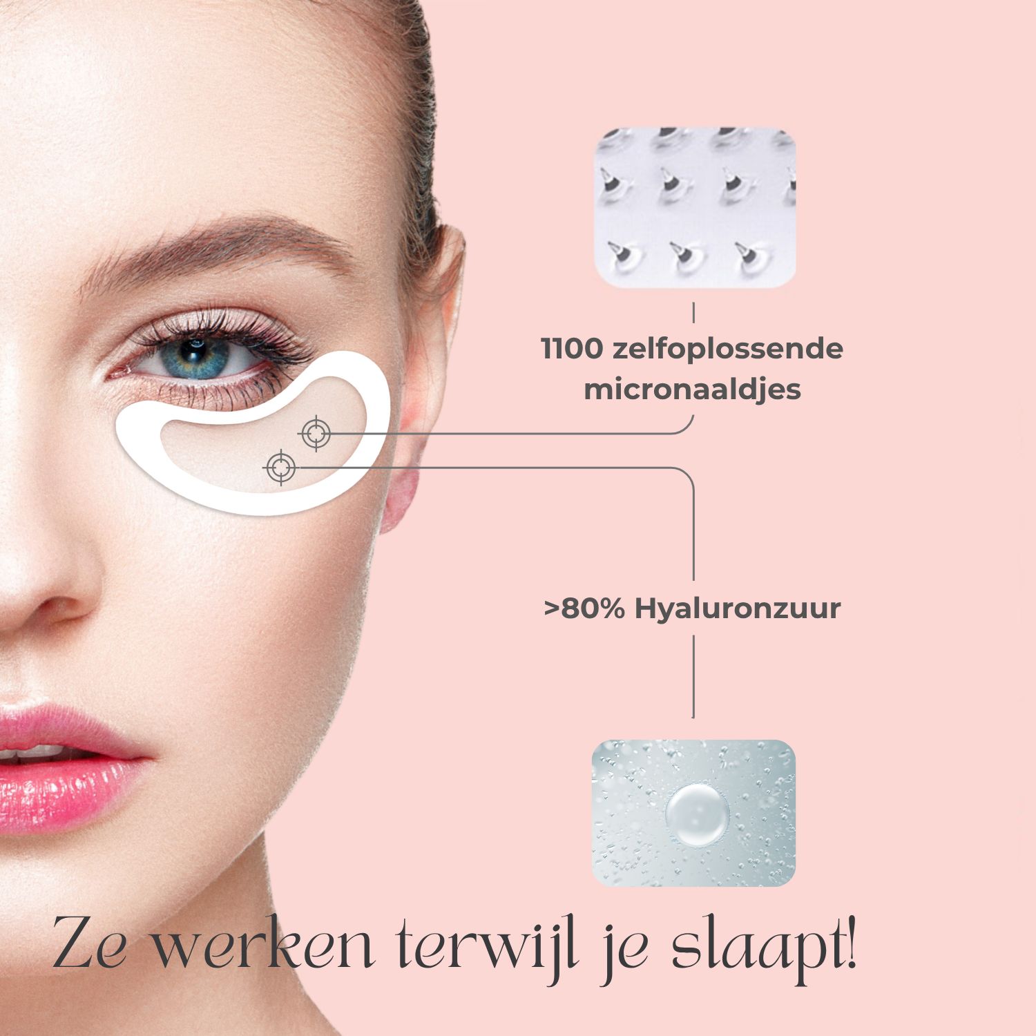 Immagine di una donna con patch per gli occhi. Testo: 1100 microaghi auto-dissolventi. >80% Acido Ialuronico.