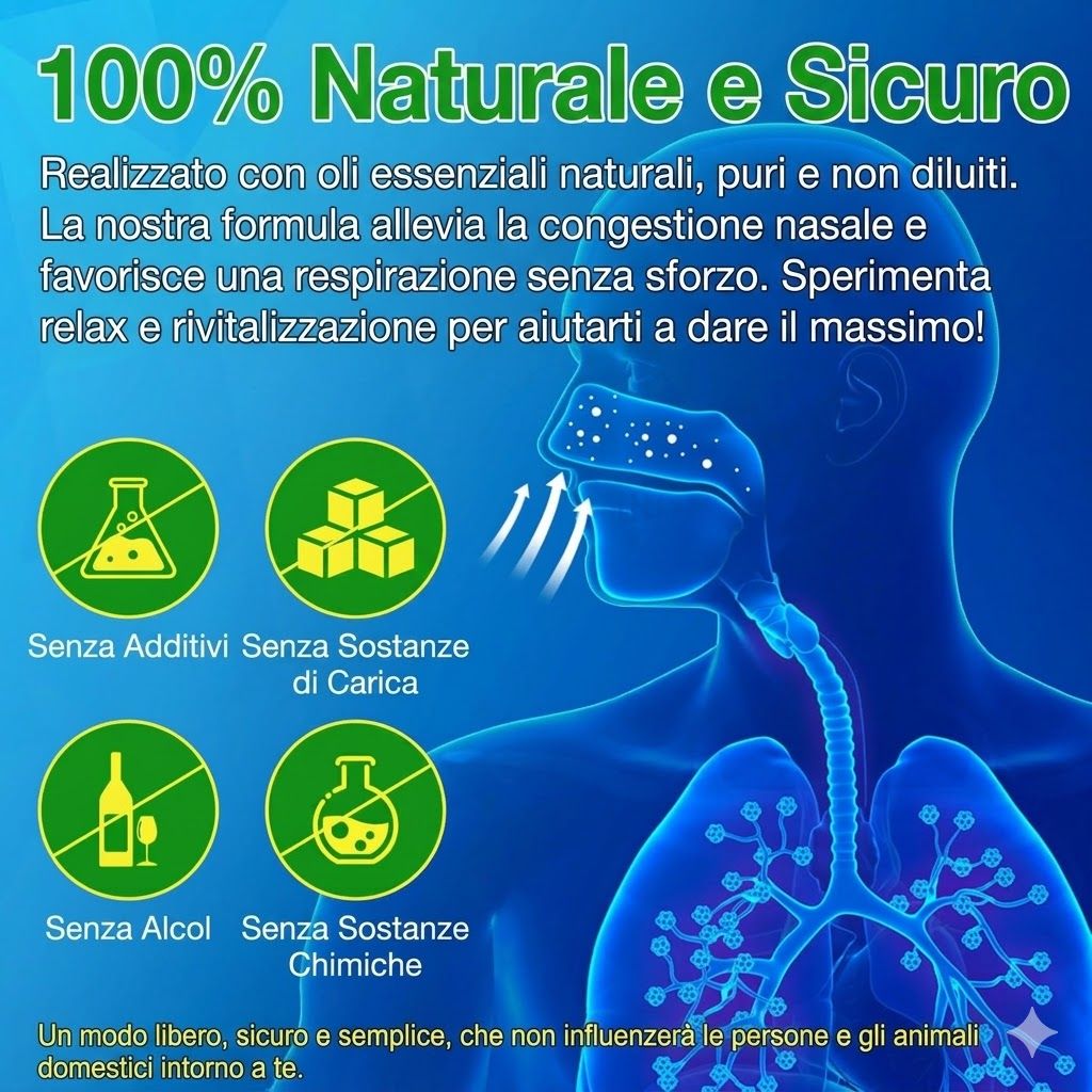 Un uomo respira attraverso il naso. L'immagine mostra quattro stick nasali. Ogni stick dice 'Nasal Stick'.
