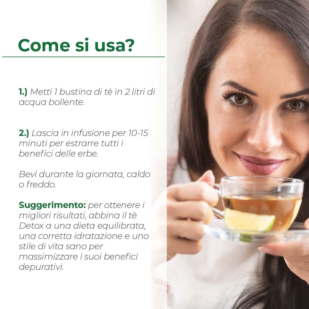 Una donna tiene in mano una tazza di tè. Istruzioni per preparare Biostile Detox Tea.