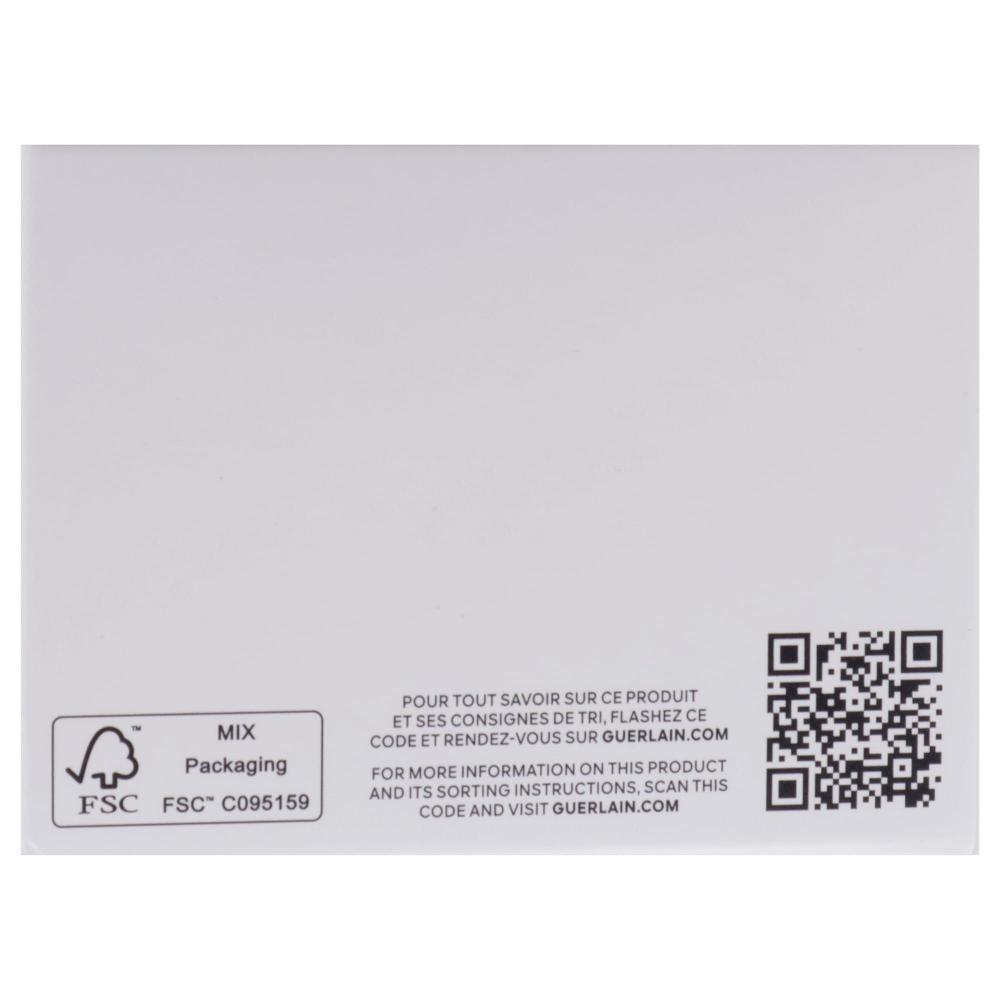 Retro della confezione. Testo e codice QR. Certificazione FSC. Testo: POUR TOUT SAVOIR SUR CE PRODUIT... GUERLAIN.COM.