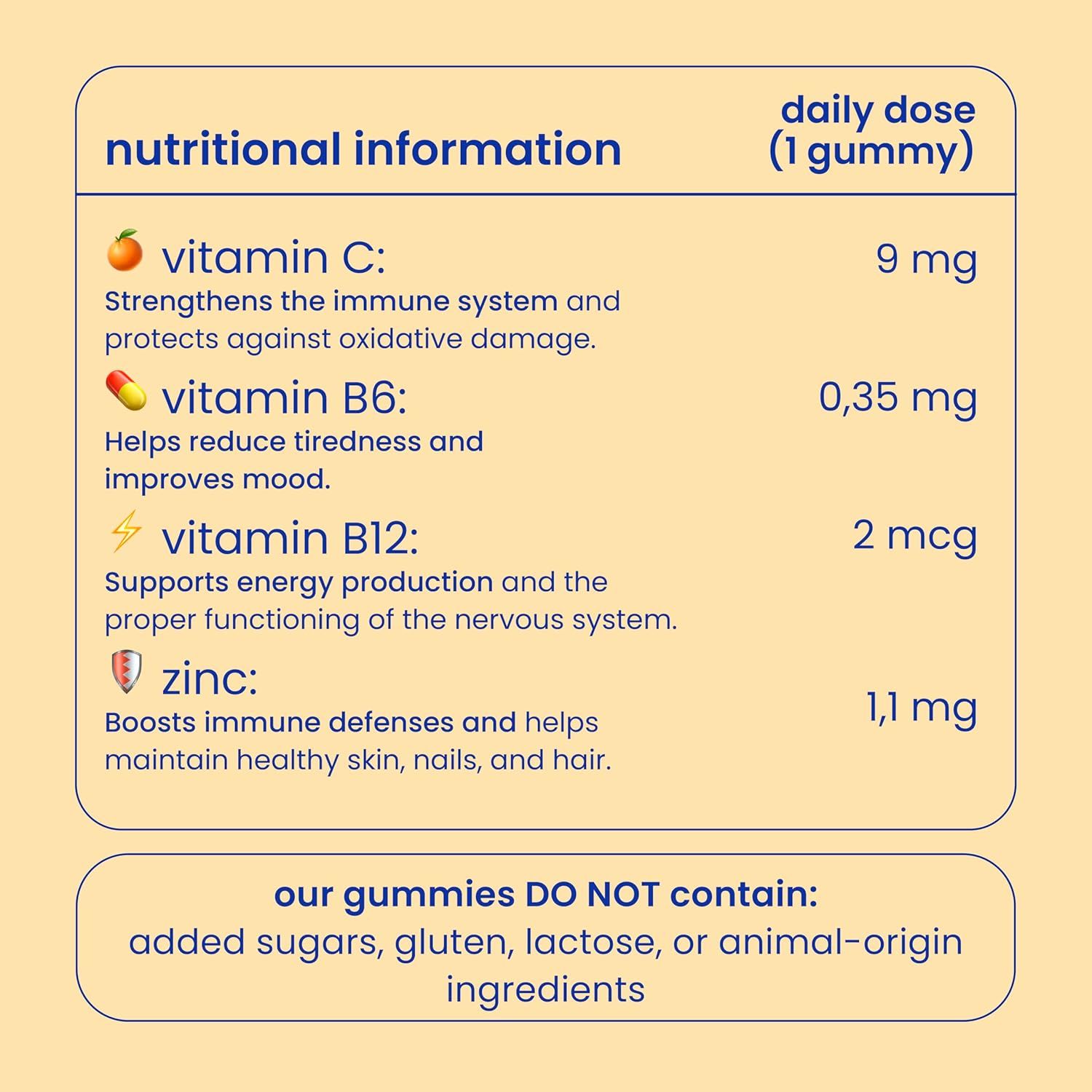 Informazioni nutrizionali. Vitamina C, B6, B12 e zinco. Le caramelle gommose NON contengono zuccheri aggiunti, glutine, lattosio o ingredienti di origine animale.