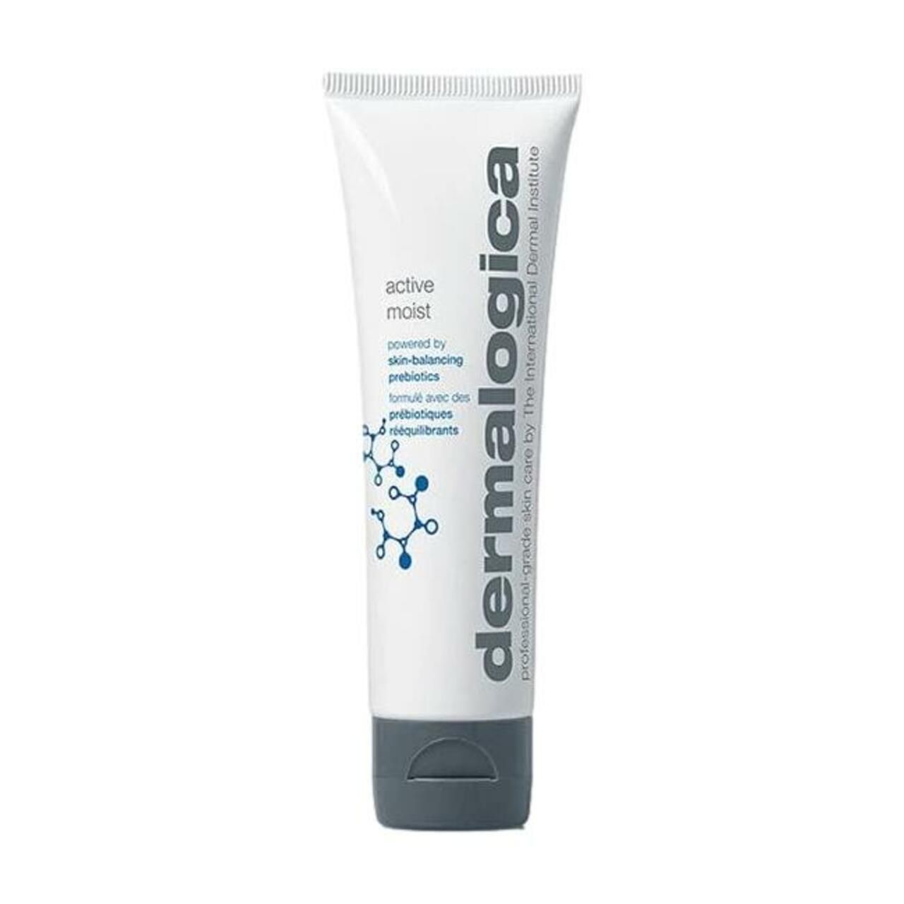 Tubo bianco con tappo grigio. Scritta: Active Moist, Dermalogica. Con grafica blu.